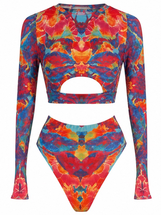 Badinka Tops - BADINKA Multicolor Bloom Long Sleeve Cutout Matching set
